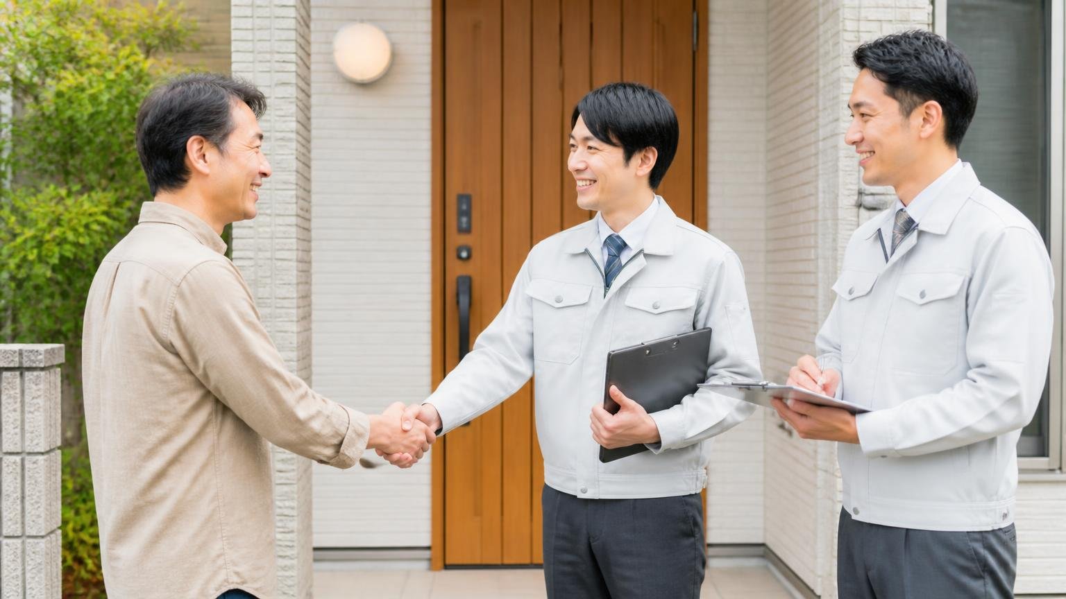 まずは無料の現地調査から 相見積もりの1社目を決める 木造戸建ての玄関前 住人と調査員2人 握手して笑顔