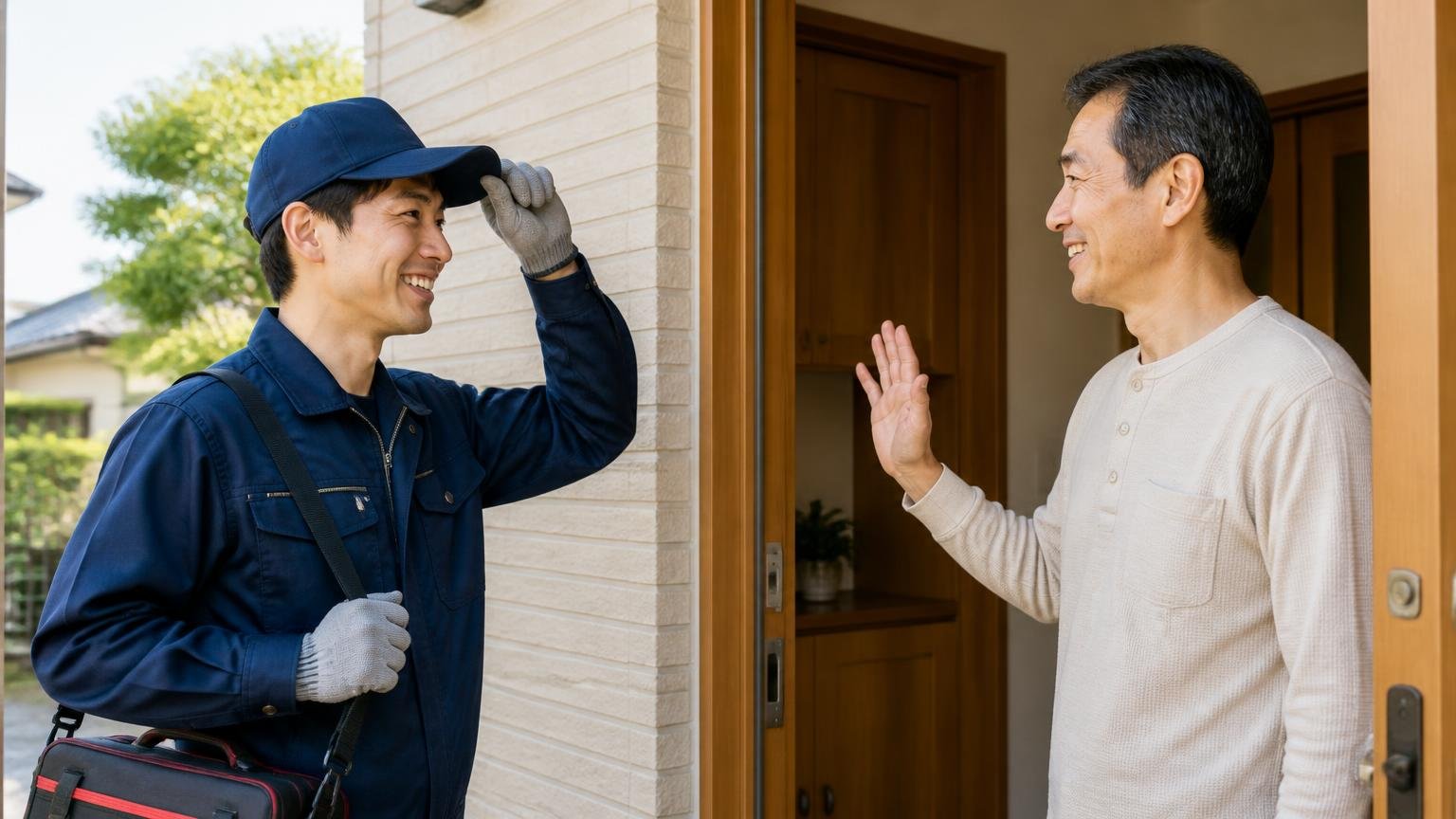 天井裏の相手を無料で調べてもらえる害獣駆除業者3選/玄関前で作業員と住人の2人が笑顔で挨拶を交わす