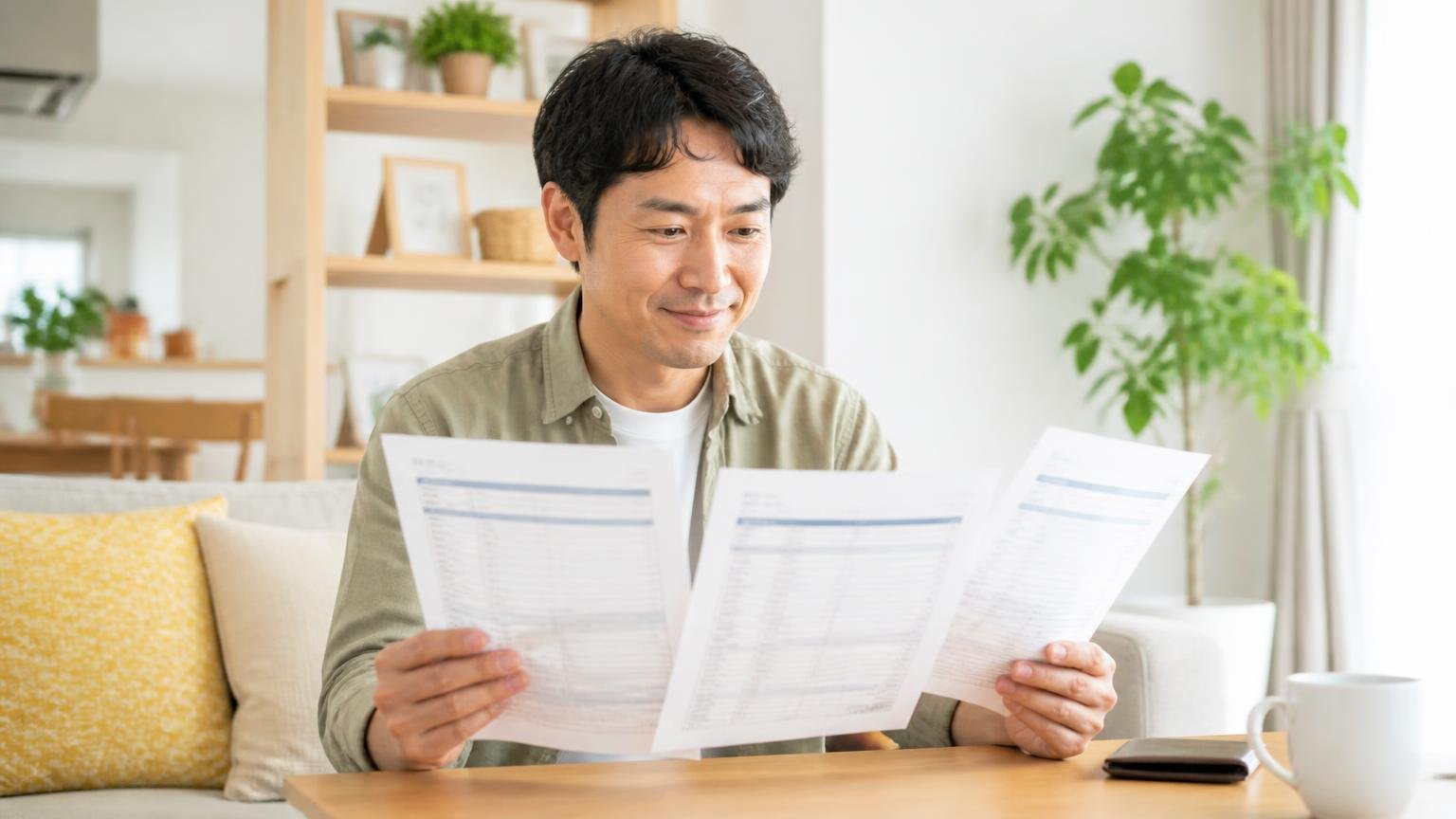 相見積もりの1社目に選ぶ窓口、明るいリビングで住人1人が複数の見積書を見比べて安心した表情